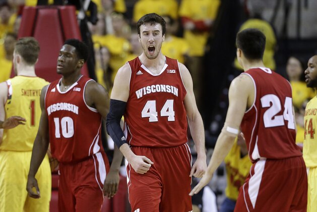 Wisconsin forward Frank Kaminsky (44) reacts after being fouled as he scored in the second half of an NCAA college basketball game against Maryland, Tuesday, Feb. 24, 2015, in College Park, Md. (AP Photo/Patrick Semansky)