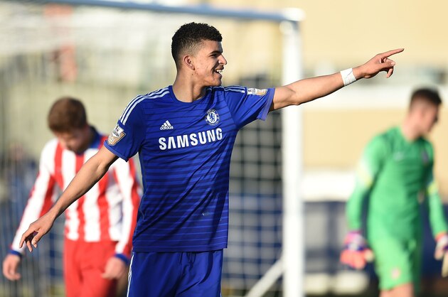 COBHAM, ENGLAND - MARCH 10:  Dominic Solanke of Chelsea celebrates scoring a goal during the UEFA Youth League Quarter Final match between Chelsea and Atletico Madrid at Chelsea Training Ground on March 10, 2015 in Cobham, England.  (Photo by Tom Dulat/Getty Images for UEFA)
