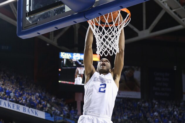 LEXINGTON, KY - MARCH 07:  Aaron Harrison #2 of the Kentucky Wildcats shoots the ball during the game against the Florida Gators at Rupp Arena on March 7, 2015 in Lexington, Kentucky.  (Photo by Andy Lyons/Getty Images)