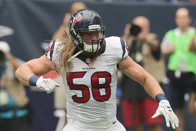 HOUSTON, TX- SEPTEMBER 07: Houston Texans linebacker Brooks Reed #58 celebrates making a defensive stop against the Washington Redskins in the first quarter on September 7, 2014 at NRG Stadium in Houston, Texas. (Photo by Thomas B. Shea/Getty Images)
