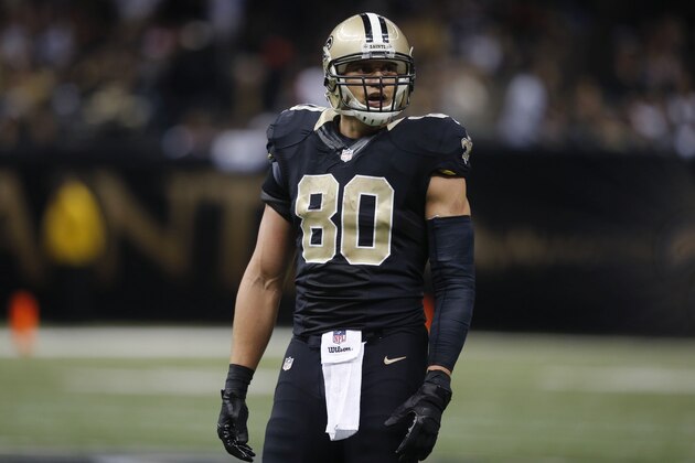 New Orleans Saints tight end Jimmy Graham (80) reacts in the second half of an NFL football game against the Atlanta Falcons in New Orleans, Sunday, Dec. 21, 2014. (AP Photo/Bill Haber)