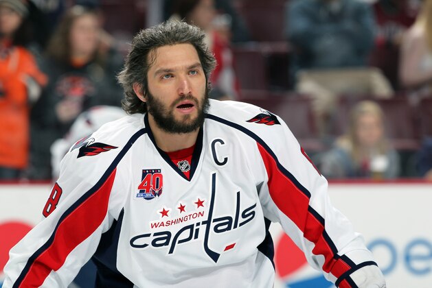 PHILADELPHIA, PA - FEBRUARY 22:  Alex Ovechkin #8 of the Washington Capitals looks on during warm-ups prior to his game against the Philadelphia Flyers on February 22, 2015 at the Wells Fargo Center in Philadelphia, Pennsylvania.  (Photo by Len Redkoles/NHLI via Getty Images)