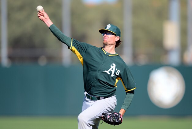 Feb 25, 2015; Mesa, AZ, USA; Oakland Athletics relief pitcher Tyler Clippard (36) throws during a workout at Fitch Park. Mandatory Credit: Joe Camporeale-USA TODAY Sports