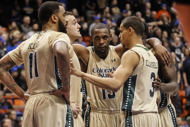 Colorado State players including Stanton Kidd (11), J.J. Avila, second from left, Tiel Daniels (15), and Gian Clavell (3) huddle during the second half of an NCAA college basketball game against Boise State in Boise, Idaho, on Tuesday, Jan. 27, 2015. Boise State won 82-78. (AP Photo/Otto Kitsinger)