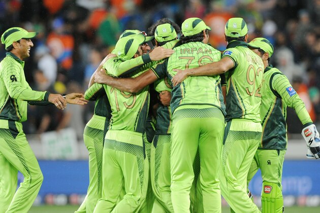 The Pakistan team celebrate after their 29 run win over South Africa in their Cricket World Cup Pool B match in Auckland, New Zealand, Saturday, March 7, 2015. (AP Photo/Ross Setford)