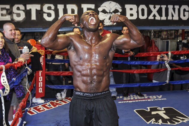 Andre Berto poses for a photo after a workout at the Westside Boxing Club in Los Angeles on Monday, Nov. 19, 2012. Former welterweight champion Berto is scheduled to face Robert Guerrero for Guerrero's WBC interim welterweight title in a boxing bout Saturday in Ontario, Calif. (AP Photo/Damian Dovarganes)