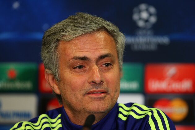 LONDON, ENGLAND - MARCH 10:  Jose Mourinho manager of Chelsea looks on during a Chelsea press conference ahead of the UEFA Champions League Round of 16 second leg match against Paris Saint-Germain at Stamford Bridge on March 10, 2015 in London, England.  (Photo by Paul Gilham/Getty Images)