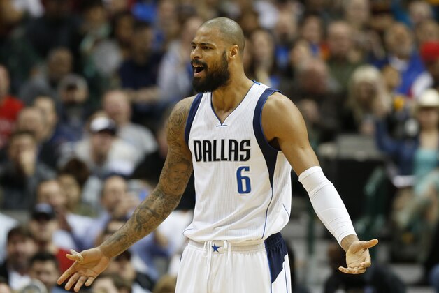 Mar 10, 2015; Dallas, TX, USA; Dallas Mavericks center Tyson Chandler (6) argues a call in the first quarter against the Cleveland Cavaliers at American Airlines Center. Mandatory Credit: Matthew Emmons-USA TODAY Sports