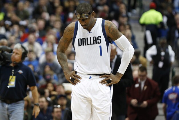 Mar 2, 2015; Dallas, TX, USA; Dallas Mavericks center Amar'e Stoudemire (1) reacts in the third quarter against the New Orleans Pelicans at American Airlines Center. Mandatory Credit: Matthew Emmons-USA TODAY Sports