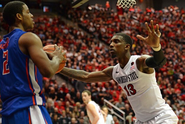 Feb 28, 2015; San Diego, CA, USA; San Diego State Aztecs forward Winston Shepard (13) defends the inbound pass from Boise State Broncos guard Derrick Marks (2) during the first half at Viejas Arena at Aztec Bowl. Mandatory Credit: Jake Roth-USA TODAY Sports