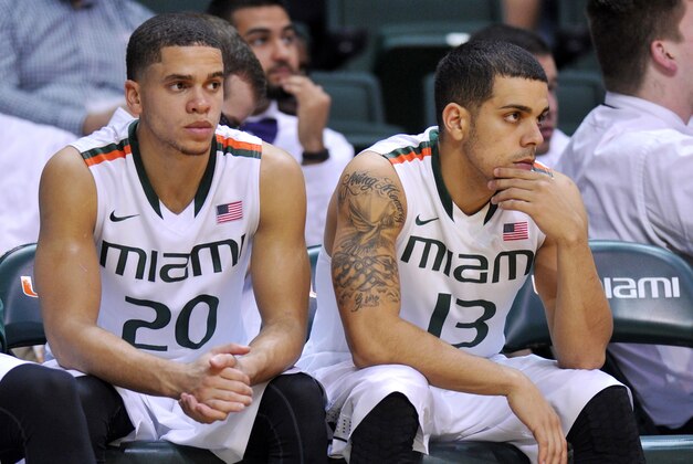 Jan 28, 2015; Coral Gables, FL, USA; Miami Hurricanes guard Manu Lecomte (left) sits next to teammate Miami Hurricanes guard Angel Rodriguez (right) during the second half against the Georgia Tech Yellow Jackets at BankUnited Center. Mandatory Credit: Steve Mitchell-USA TODAY Sports