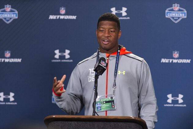 Florida State quarterback Jameis Winston talks with the media during a news conference at the NFL football scouting combine at Lucas Oil Stadium in Indianapolis, Friday, Feb. 20, 2015. (AP Photo/Doug McSchooler) Florida State quarterback Jameis Winston talks with the media during a news conference at the NFL football scouting combine at Lucas Oil Stadium in Indianapolis, Friday, Feb. 20, 2015. (AP Photo/Doug McSchooler)