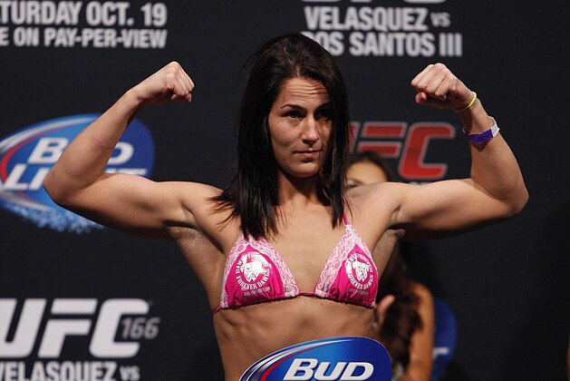 Oct 18, 2013; Houston, TX, USA; Jessica Eye during the weigh-in for UFC 166 at Toyota Center. Mandatory Credit: Andrew Richardson-USA TODAY Sports