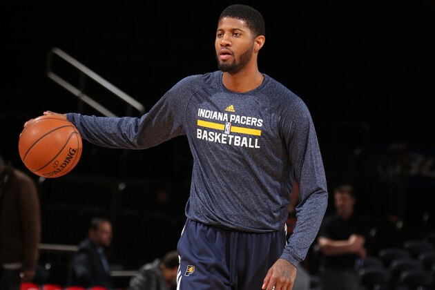 NEW YORK, NY - MARCH 7:  Paul George #13 of the Indiana Pacers warms up before the game against the New York Knicks on March 7, 2015 at Madison Square Garden in New York City.  NOTE TO USER: User expressly acknowledges and agrees that, by downloading and or using this Photograph, user is consenting to the terms and conditions of the Getty Images License Agreement. Mandatory Copyright Notice: Copyright 2015 NBAE (Photo by Nathaniel S. Butler/NBAE via Getty Images)