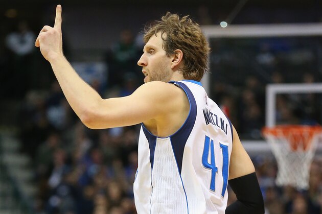 DALLAS, TX - MARCH 02:  Dirk Nowitzki #41 of the Dallas Mavericks reacts during play against the New Orleans Pelicans at American Airlines Center on March 2, 2015 in Dallas, Texas.   NOTE TO USER: User expressly acknowledges and agrees that, by downloading and or using this photograph, User is consenting to the terms and conditions of the Getty Images License Agreement.  (Photo by Ronald Martinez/Getty Images)
