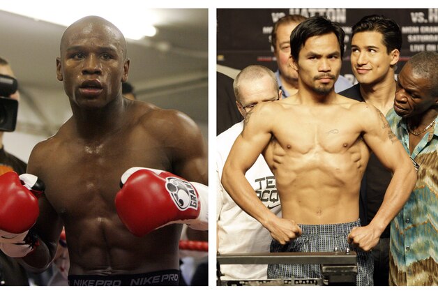 FILE - In this combination of file photos, U.S. boxer Floyd Mayweather Jr., left, prepares to spar at a gym in east London on May 22, 2009, and Manny Pacquiao, right, of the Philippines, weighs in for the junior welterweight boxing match against British boxer Ricky Hatton, May 1, 2009, in Las Vegas. The March 13 , 2010 megafight between Manny Pacquiao and Floyd Mayweather Jr. has been thrown into jeopardy. Mayweather's camp is demanding the fighters submit to Olympic-type drug testing in the weeks leading up to the bout. Leonard Ellerbe, Mayweather's manager, says the fight will not go on if Pacquiao doesn't agree to blood testing under standards followed by the United States Anti-Doping Agency. (AP Photos/Alastair Grant and Rick Bowmer, File)