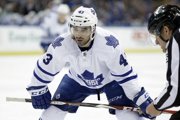 Toronto Maple Leafs center Nazem Kadri (43) during the first period of an NHL hockey game against the Tampa Bay Lightning Tuesday, April 8, 2014, in Tampa, Fla. (AP Photo/Chris O'Meara)