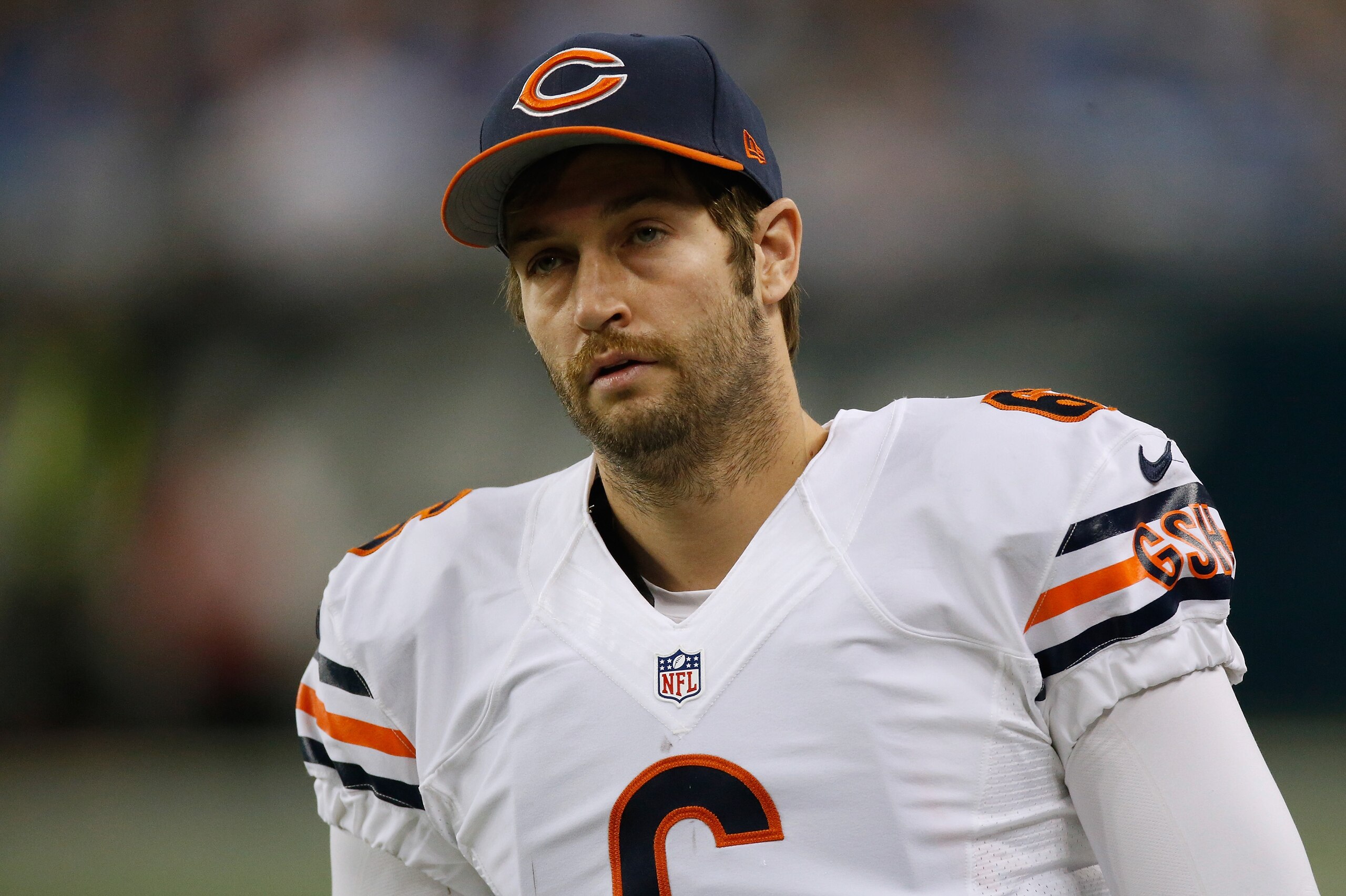 DETROIT, MI - NOVEMBER 27: Jay Cutler #6 of the Chicago Bears looks on from the bench during the first quarter while playing the Detroit Lions at Ford Field on November 27, 2014 in Detroit, Michigan. (Photo by Gregory Shamus/Getty Images)