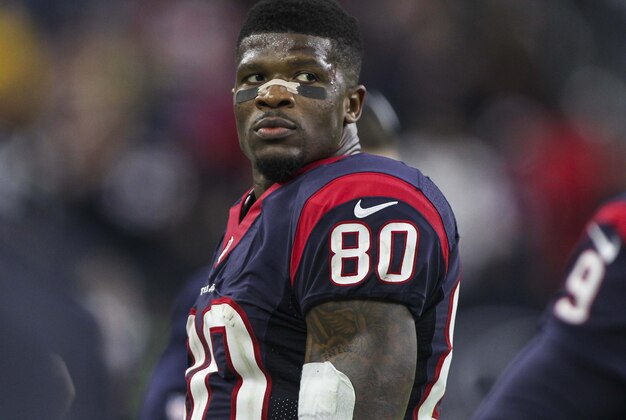 Dec 28, 2014; Houston, TX, USA; Houston Texans wide receiver Andre Johnson (80) on the sideline during the fourth quarter against the Jacksonville Jaguars at NRG Stadium. The Texans defeated the Jaguars 23-17. Mandatory Credit: Troy Taormina-USA TODAY Sports