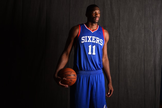 TARRYTOWN, NY - AUGUST 3:  Joel Embiid #11 of the Philadelphia 76ers poses for a portrait during the 2014 NBA rookie photo shoot on August 3, 2014 at the Madison Square Garden Training Facility in Tarrytown, New York. NOTE TO USER: User expressly acknowledges and agrees that, by downloading and or using this photograph, User is consenting to the terms and conditions of the Getty Images License Agreement. Mandatory Copyright Notice: Copyright 2014 NBAE (Photo by Brian Babineau /NBAE via Getty Images)