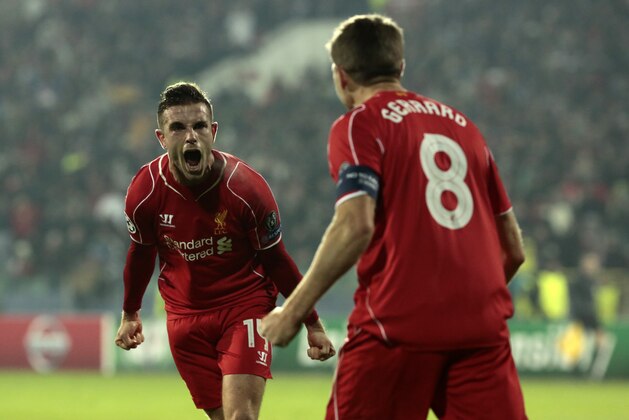 Liverpool's Jordan Henderson celebrates his goal against Ludogorets during their Champions League group B soccer match at Vassil Levski stadium in Sofia, Wednesday, Nov. 26, 2014. (AP Photo/Valentina Petrova)