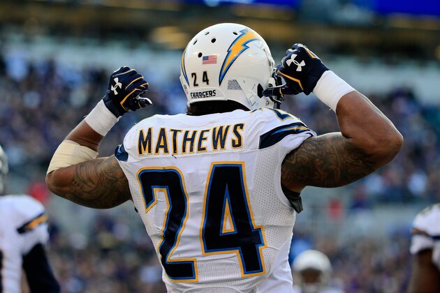 BALTIMORE, MD - NOVEMBER 30:  Running back Ryan Mathews #24 of the San Diego Chargers celebrates after scoring a fourth quarter touchdown against the Baltimore Ravens at M&T Bank Stadium on November 30, 2014 in Baltimore, Maryland.  (Photo by Rob Carr/Getty Images)