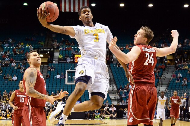 LAS VEGAS, NV - MARCH 11:  Tyrone Wallace #3 of the California Golden Bears drives between Jordan Railey #4 and Josh Hawkinson #24 of the Washington State Cougars during a first-round game of the Pac-12 Basketball Tournament at the MGM Grand Garden Arena on March 11, 2015 in Las Vegas, Nevada.  (Photo by Ethan Miller/Getty Images)