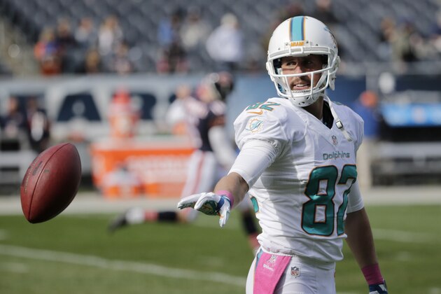 Miami Dolphins wide receiver Brian Hartline (82) warms up before an NFL football game against the Chicago Bears Sunday, Oct. 19, 2014 in Chicago. (AP Photo/Charles Rex Arbogast)