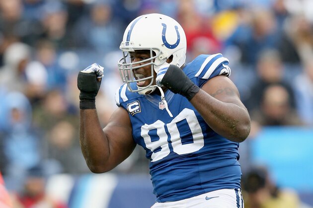 NASHVILLE, TN - DECEMBER 28:  Cory Redding #90 of the Indianapolis Colts celebrates after a sack during the game against the Tennessee Titans at LP Field on December 28, 2014 in Nashville, Tennessee.  (Photo by Andy Lyons/Getty Images)