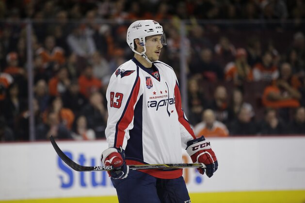 Washington Capitals' Jay Beagle in action during an NHL hockey game against the Philadelphia Flyers, Sunday, Feb. 22, 2015, in Philadelphia. Philadelphia won 3-2. (AP Photo/Matt Slocum)