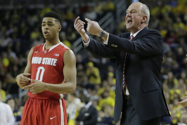 ANN ARBOR, MI - FEBRUARY 22:  Head coach Thad Matta of the Ohio State Buckeyes shouts to his team as D'Angelo Russell #0 of the Ohio State Buckeyes looks on during the second half of a game against the Michigan Wolverines at Crisler Arena on February 22, 2015 in Ann Arbor, Michigan. Michigan defeated Ohio State 64-57. (Photo by Duane Burleson/Getty Images)