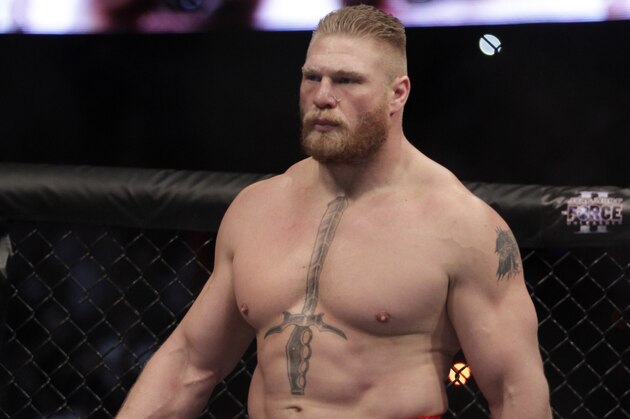 Brock Lesnar during a UFC mixed martial arts match with Cain Velasquez in Anaheim, Calif., Saturday, Oct. 23, 2010. Velasquez won by TKO in the first round. (AP Photo/Jae C. Hong)