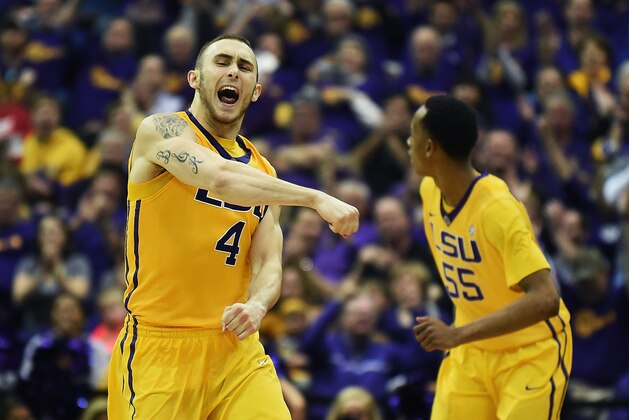 BATON ROUGE, LA - FEBRUARY 10:  Keith Hornsby #4 of the LSU Tigers reacts to a three point shot during the second half of a game against the Kentucky Wildcats at the Pete Maravich Assembly Center on February 10, 2015 in Baton Rouge, Louisiana.  (Photo by Stacy Revere/Getty Images)