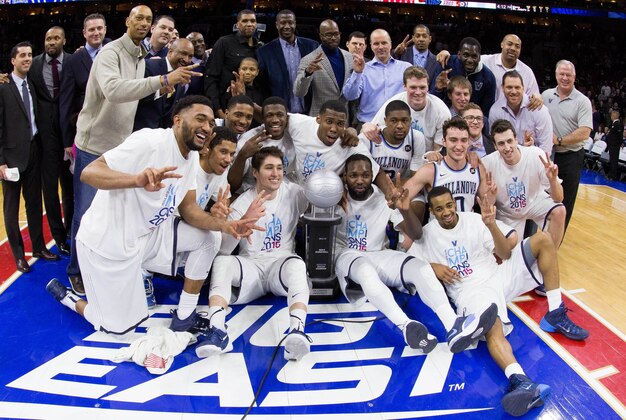 Mar 7, 2015; Villanova, PA, USA; The Villanova Wildcats celebrate as they pose for a team photo with the big east regular season championship trophy after defeating the St. John's Red Storm at Wells Fargo. Villanova won 105-68. Mandatory Credit: Bill Streicher-USA TODAY Sports