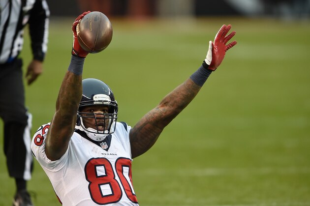 CLEVELAND, OH - NOVEMBER 16:  Andre Johnson #80 of the Houston Texans reacts after picking up a first down during the fourth quarter against the Cleveland Browns at FirstEnergy Stadium on November 16, 2014 in Cleveland, Ohio.  (Photo by Jason Miller/Getty Images)