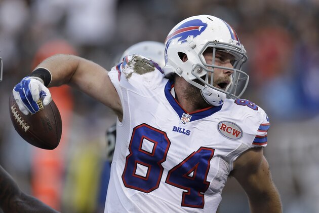 Buffalo Bills tight end Scott Chandler (84) celebrates after scoring on a 29-yard reception against the Oakland Raiders during the fourth quarter of an NFL football game in Oakland, Calif., Sunday, Dec. 21, 2014. (AP Photo/Ben Margot)