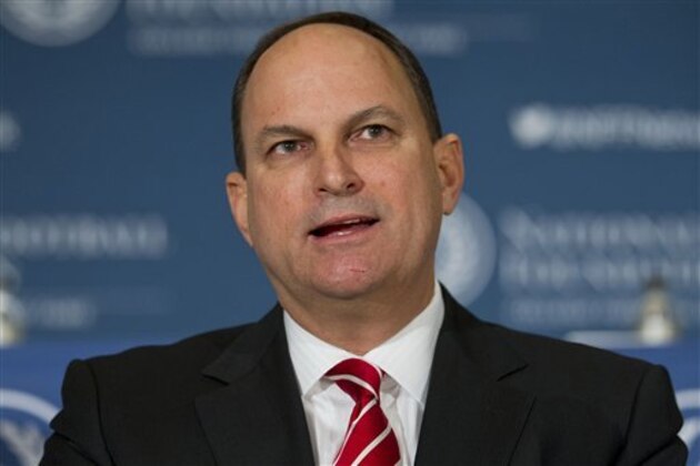 John L. Toner Award recipient, University of Oklahoma Director of Athletics, Joe Castiglione, speaks during the 56th National Football Foundation Annual Awards ceremonies held at the Waldorf Astoria, on Tuesday, Dec.10, 2013 in New York. (AP Photo/Jin Lee)