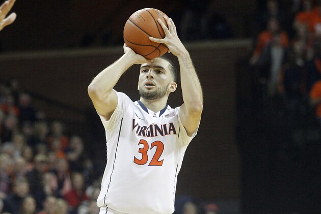 Virginia guard London Perrantes (32) takes a shot during the second half of an NCAA college basketball game at John Paul Jones Arena in Charlottesville, Va., on Saturday, Feb. 14, 2015. Virginia defeated Wake Forest 61-60. (AP Photo/Ryan M. Kelly)