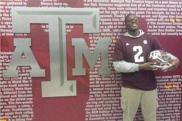 Tope Imade, shown here visiting Texas A&M, has a school-record 515-pound deadlift, which has helped him gain attention from college coaches.