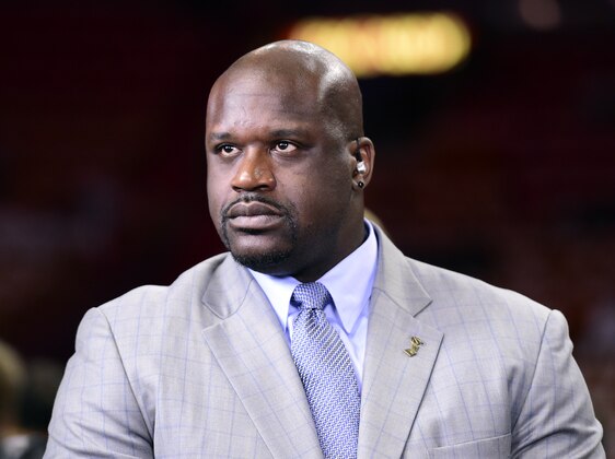 Jun 12, 2014; Miami, FL, USA; NBA former player Shaquille O'Neal prior to game four of the 2014 NBA Finals between the Miami Heat and the San Antonio Spurs at American Airlines Arena. Mandatory Credit: Bob Donnan-USA TODAY Sports