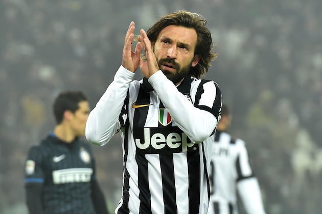 TURIN, ITALY - JANUARY 06:  Andrea Pirlo of Juventus FC greets the fans during the Serie A match between Juventus FC and FC Internazionale Milano at Juventus Arena on January 6, 2015 in Turin, Italy.  (Photo by Valerio Pennicino/Getty Images)