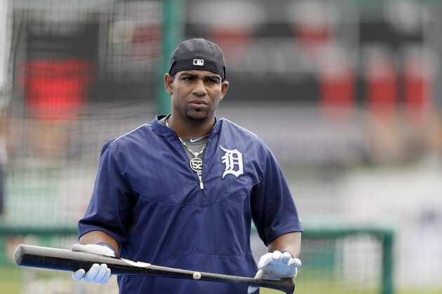 Detroit Tigers left fielder Yoenis Cespedes is seen during pre-game warmups of a spring training exhibition baseball game against the Toronto Blue Jays in Lakeland, Fla., Monday, March 9, 2015. (AP Photo/Carlos Osorio)