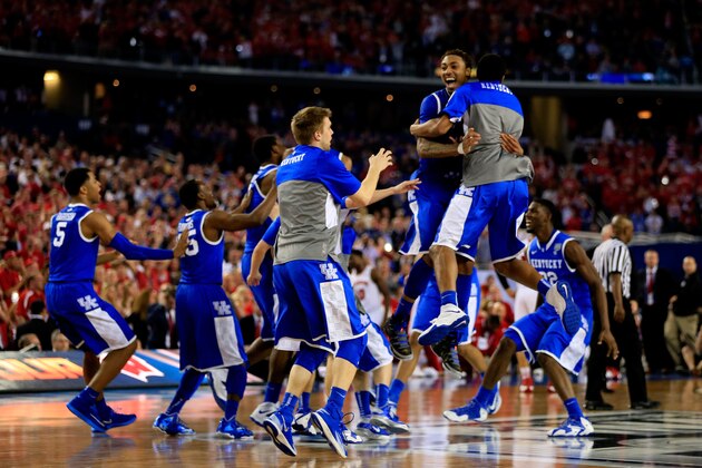 ARLINGTON, TX - APRIL 05:  James Young #1 of the Kentucky Wildcats reacts after defeating the Wisconsin Badgers 74-73 in the NCAA Men's Final Four Semifinal at AT&T Stadium on April 5, 2014 in Arlington, Texas.  (Photo by Jamie Squire/Getty Images)
