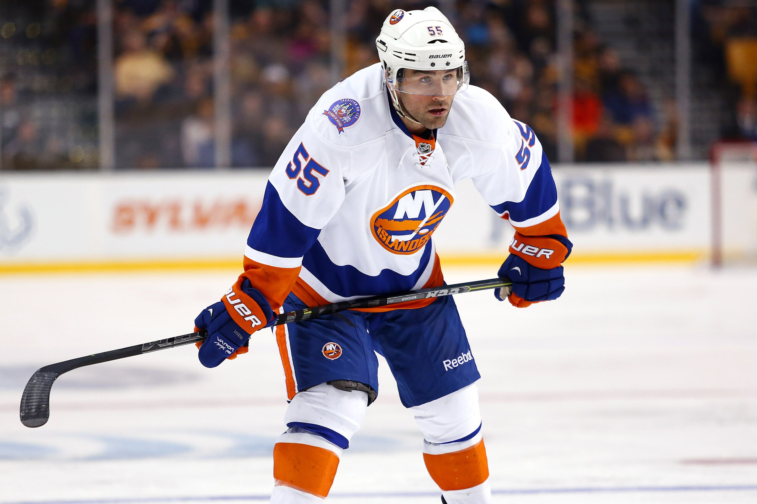 New York Islanders defenseman Johnny Boychuk during the second period of an NHL hockey game against the Boston Bruins in Boston Saturday, Feb. 7, 2015. (AP Photo/Winslow Townson)