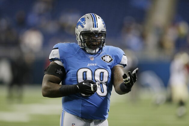 Detroit Lions defensive tackle Nick Fairley is seen during warmups before an NFL football game against the New Orleans Saints in Detroit, Sunday, Oct. 19, 2014. (AP Photo/Carlos Osorio)