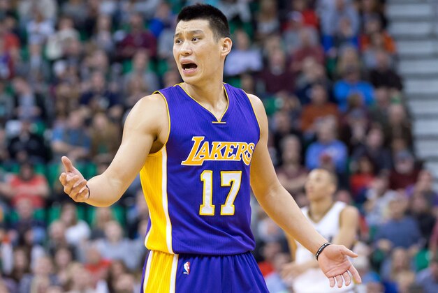 Feb 25, 2015; Salt Lake City, UT, USA; Los Angeles Lakers guard Jeremy Lin (17) reacts during the second half against the Utah Jazz at EnergySolutions Arena. The Lakers won 100-97. Mandatory Credit: Russ Isabella-USA TODAY Sports
