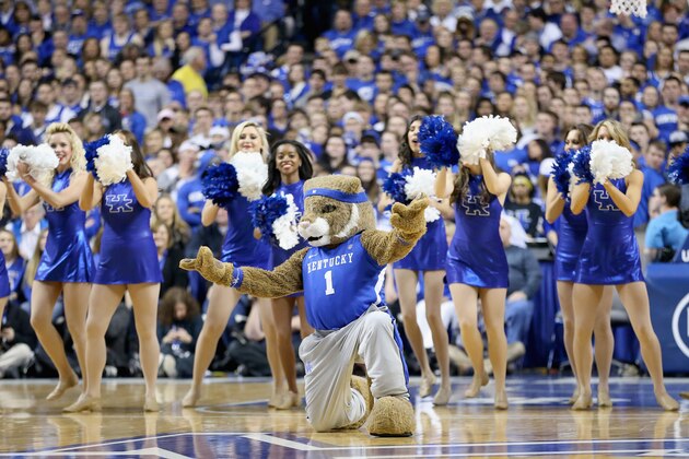 LEXINGTON, KY - MARCH 07:  The Kentucky Wildcats mascot and cheerleaders perform during the game against the Florida Gators at Rupp Arena on March 7, 2015 in Lexington, Kentucky.  (Photo by Andy Lyons/Getty Images)
