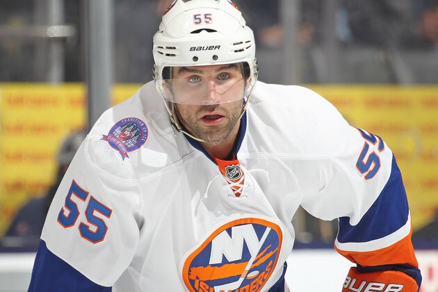 TORONTO, ON - MARCH 9:  Johnny Boychuk #55 of the New York Islanders waits for a puck drop against the Toronto Maple Leafs during an NHL game at the Air Canada Centre on March 9, 2015 in Toronto, Ontario, Canada. The Islanders defeated the Maple Leafs 4-3 in overtime. (Photo by Claus Andersen/Getty Images)