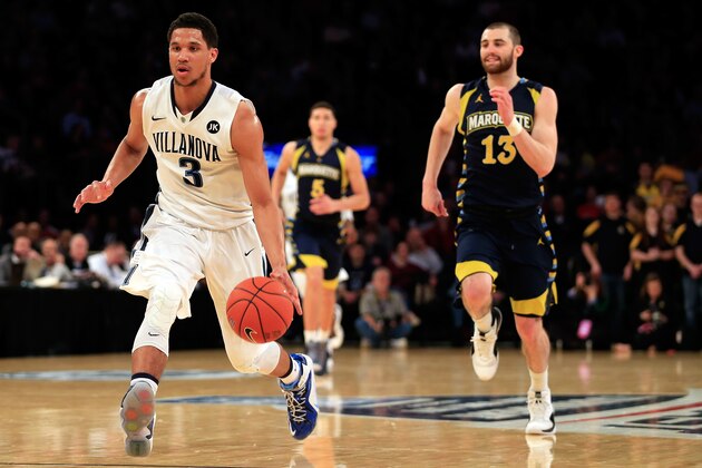 NEW YORK, NY - MARCH 12: Josh Hart #3 of the Villanova Wildcats brings the ball up the floor against the Marquette Golden Eagles during a quarterfinal game of the Big East basketball tournament at Madison Square Garden on March 12, 2015 in New York City.  (Photo by Alex Trautwig/Getty Images)
