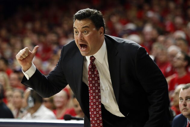 Arizona head coach Sean Miller reacts to a foul against Stanford during the first half of an NCAA college basketball game, Saturday, March 7, 2015, in Tucson, Ariz. (AP Photo/Rick Scuteri)